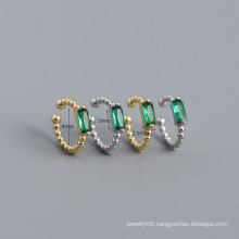 2021 NEW 925 Sterling Silver ball bead ear cuff with Rectangle emerald green stone gold ear cuff earrings